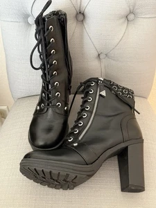 G By Guess Black Lace Up Zip Buckle Silver Hardware Boots Size 7 1/2 M EUC - Picture 1 of 12