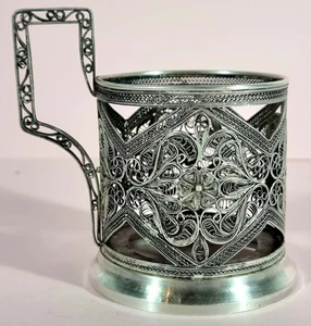 Soporte de vidrio de té de filigrana de plata rusa Podstakannik Lazanovo marcado 8 cm de alto - Imagen 1 de 7