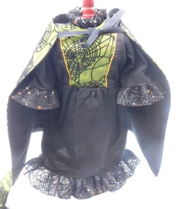 Handgefertigtes grün schwarzes Hexe Halloween Kostüm für 18" Puppe Spinnennetz Umhang Hut - Bild 1 von 8