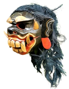 Balinesische Rangda Barong Maske Halloween Holz bemalt Leck langes Haar Zahnfang Kunst - Bild 1 von 12