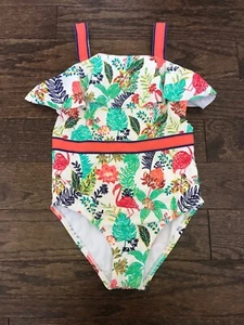 Janie and Jack Girls 5 Tropical Ruffle Retro Bathing Suit Swim Orange Red Palm - Picture 1 of 7