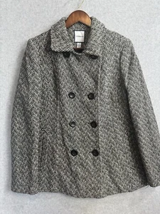 Croft & Barrow Sz L Wool Herringbone Double Breasted Collared Pea Coat EUC - Picture 1 of 11
