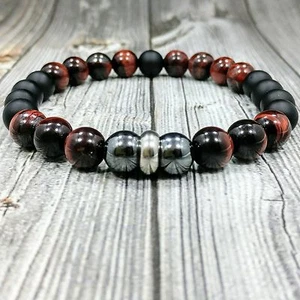 HIP 8"L STAINLESS STEEL 8mm Red Tigers Eye+Onyx Gemstone Beaded Men's Bracelet - Picture 1 of 6