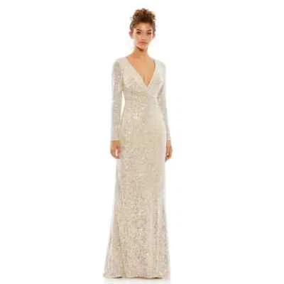 Mac Duggal Nude Silver Sequin Ruched Long Sleeve Column Gown Size 8 $398 - Image 1 of 3