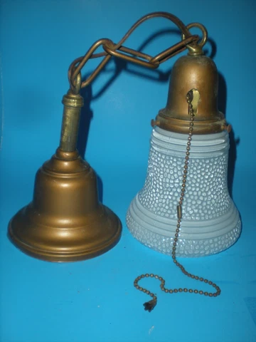 2 Antique Brass 14" Ceiling Pendant Fixtures & vtg Pair Art Deco Raindrop Shades Cover