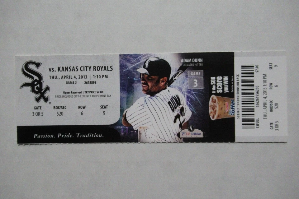 Boleto completo Chicago White Sox vs Kansas City Royals 4/4/2013 ~ Adam Dunn Foto 1 de 1