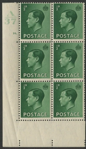 GB KEVIII SG457 ½d Blkx6 Control A36 Cyl 26 Dot  Perf 5(E/I) LMM Cat £10 Fine Cover