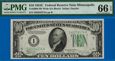 1934C $10 FRN Minneapolis PMG 66EPQ Top Pop highest graded Fr 2008-IW - Image 1 of 3