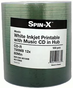 100 Prodisc Spin-X 12X Music Digital Audio White Inkjet Blank CD-R Disc Media - Picture 1 of 1