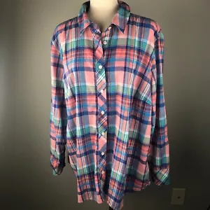 Top camicia donna Talbots TG 3X quadri misto lino maniche lunghe graffetta costiera - Foto 1 di 7