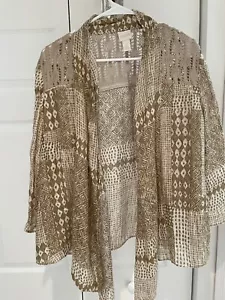 Chico’s 100% Linen Patchwork 3/4 Sleeve Geometric Open Front Cardigan L-2 - Picture 1 of 9