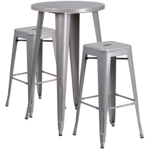Flash Commercial Grade 24" Round Silver Metal Bar Table Set & 2 Backless Stools - Picture 1 of 1