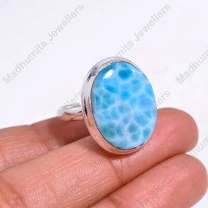 Natural Blue Larimar 925 Sterling Silver Ring Handmade Ring Gemstone Ring ForHer - Picture 1 of 4