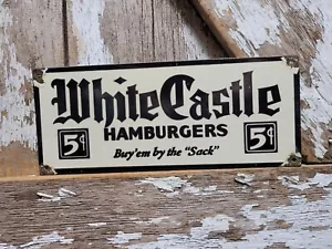 VINTAGE WHITE CASTLE PORCELAIN SIGN OLD FAST FOOD DRIVE IN DINER HAMBURGERS 5C - Picture 1 of 14
