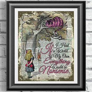 ART PRINT ORIGINAL ANTIQUE BOOK PAGE Cheshire Cat Alice in Wonderland Dictionary - Picture 1 of 3