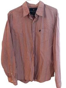 American Eagle Mens Button Up Large Pink w/Blue Striped Button Up Shirt - Picture 1 of 3