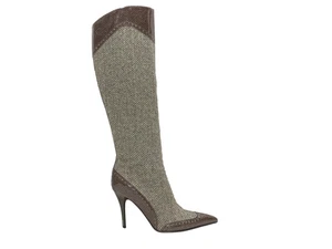 Brown & White Stella McCartney Herringbone Pointed-Toe Knee-High Boots Size 36 - Picture 1 of 5