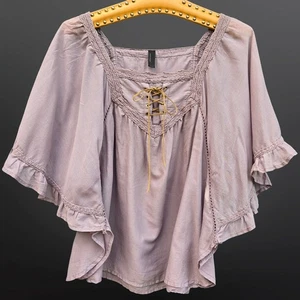 Y2K Boho Fairy Lace Up Babydoll Ruffle Top Size M Gray Flowy Grunge Smock Blouse - Picture 1 of 8