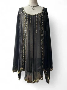 NWT Denim 24/7 Sheer Tunic Top Sequin Embroidery Sz 26W Goth Glam Statement Top - Picture 1 of 9