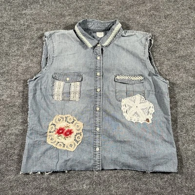 J Crew Vest Women’s XL Blue Chambray Upcycled Lace Patchwork Cropped Button Up - Image 1 of 4