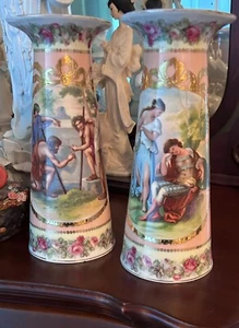 Pair Of Victorian Vases With Gold Gilt Trim 10” Tall - Picture 1 of 10