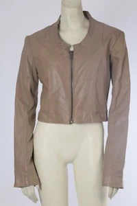 VEDA Beige Leather Zipper Cropped Moto Jacket Size L - Picture 1 of 7
