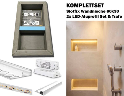 Komplett Set Slotfix Wandnische 60x30x10 + LED Beleuchtung mit Aluprofil + Trafo