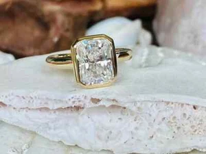 3 CTW Radiant Cut Moissanite Bezel Set Engagement Ring In 14k Yellow Gold Plated - Picture 1 of 12