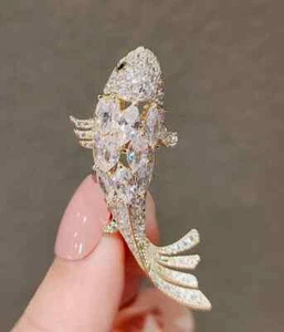 Women Fish Brooch Pin 2.50 Ct Marquise Simulated Diamond 14K Yellow Gold Plated - Picture 1 of 5