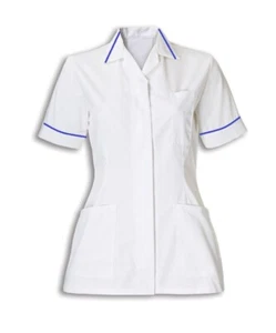WOMENS NURSES HEALTHCARE TUNIC DENTAL SALON NHS WHITE WITH COLOURED TRIM INS32WH - Picture 1 of 15