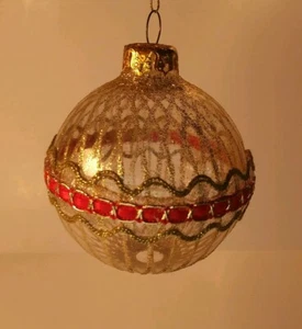 Christmas Tree Ornament Bulb~Clear Glass W/ Gold Glitter and Red & Gold Ribbon - Picture 1 of 7