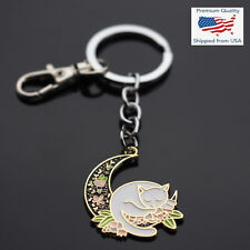 Cat Napping on the Moon Crescent Hollow Enamel Charm Keychain Key Chain