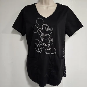 Disney Mickey Mouse Size S Embroidered Black w/ Polka Dot Scrub Top Style 6623 - Picture 1 of 7