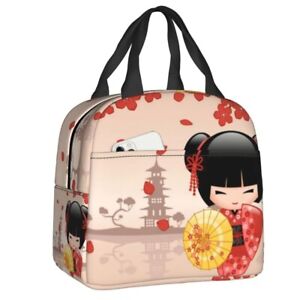 Men Women Japanese Red Sakura Kokeshi Doll Cute Girly Insulated Lunch Food Bag