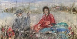Edna Hibel dipinto olio originale su seta "Coppia in campo" 1968 - Foto 1 di 3