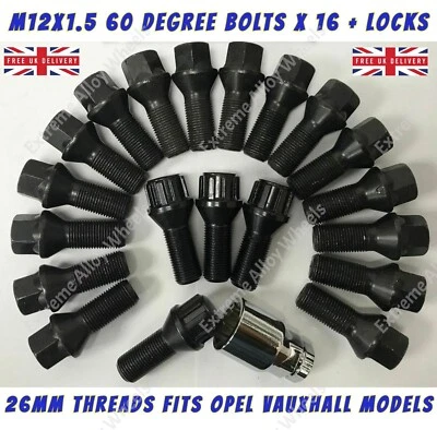 Black Wheel Bolts + Locks Fits Vauxhall Adan Astra Corsa M12x1.5 26mm Threads - Image 1 of 3