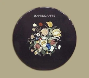 26" Round Black Marble Dining Table Top Precious Floral Inlay Art Home Decor - Picture 1 of 3