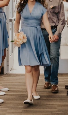 Bridesmaid Infinity Dress w/bandea, Periwinkle Dusty Blue, Knee Length, Size Reg - Image 1 of 4