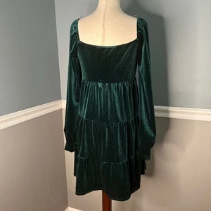 Altar'd State Emerald Green Velvet Tiered Mini Dress Square Neck Long Sleeve M - Afbeelding 1 van 9