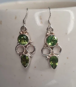 925 Sterling Silver Peridot Dangle Drop Hook Earrings Natural Green Gemstone - Picture 1 of 8
