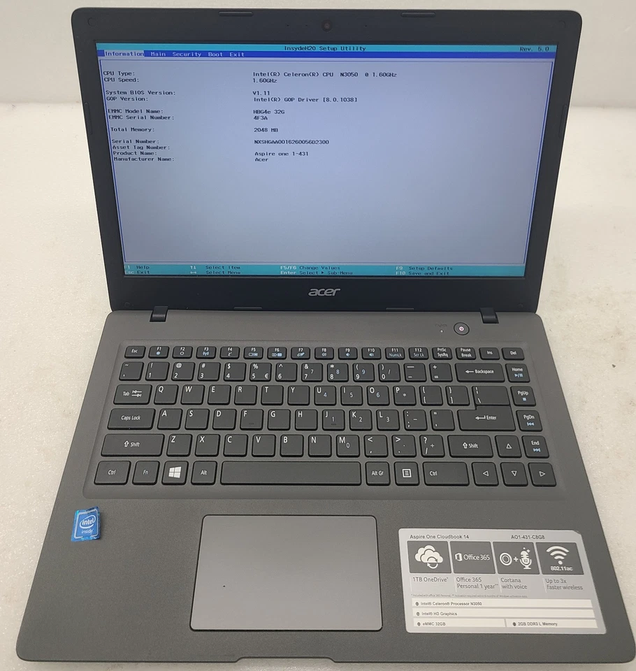 Acer Aspire One Cloudbook Laptop Intel Celeron N3050 2GB 32GB EMMC NO OS (FL) - Image 1 of 4