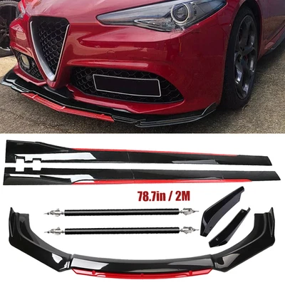 Glossy Black Look Red Front Lip Chin Bumper Side Skirt For Alfa Romeo Giulia Foto 1 de 4