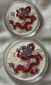 Juego de 2 monedas 2024 Australian Silver Lunar DRAGON Serie III color rojo 1 OZ y 1/2 - Imagen 1 de 2