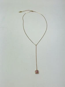 Robyn Rhodes Necklace "Kylie" Lariat Gold Toned with Square Shaped Pink Stone - Picture 1 of 12