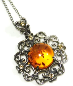 Vintage Sterling Silver Amber Cabochon and Citrine Scroll Pendant - Bild 1 von 5