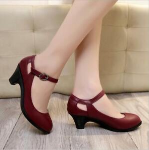 Womens Retro Mary Janes Ankle Strap Pumps Buckle Mid Block Heels Casual OL Shoes