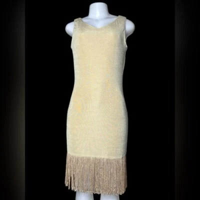 ¡JUNTOS AÑOS 80 DE COLECCIÓN! Vestido Metálico Dorado Bodycon Flecos Aleta M EE. UU. Nylon Spandex Foto 1 de 4