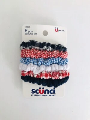 Scunci Hair Accessories 6 pc Scrunchies Red/White/Blue Gingham 12282 - Image 1 of 2