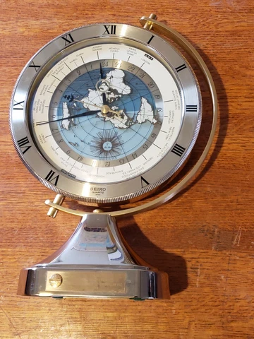 Vintage Seiko Japan World Time Quartz Mantle Clock, 12"x8” Brass, Time Zones Cover