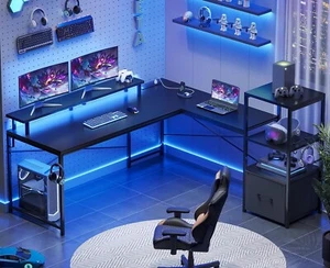 L Shaped Gaming Desk, 51" Computer Desk with Storage Shelves &LED Lights (Black) - Picture 1 of 8